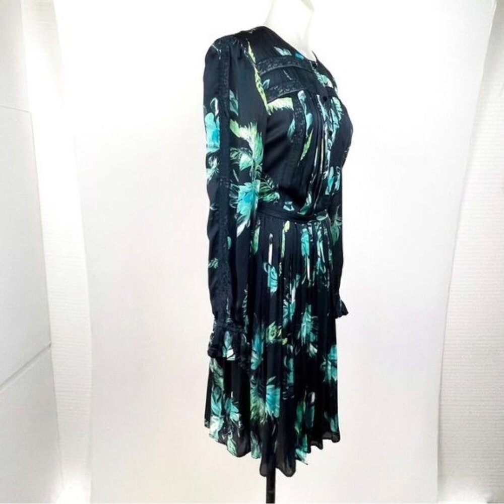 Marchesa Voyage Navy Floral 100% Silk Pleated Midi dress With Lace 2 - Picture 3 of 10